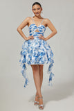 White and Blue Floral Ruffled Ruched Short Homecoming Dress with Pearls