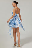 White and Blue Floral Ruffled Ruched Short Homecoming Dress with Pearls