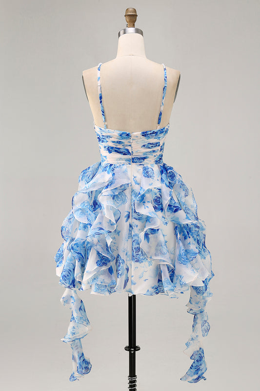 White and Blue Floral Ruffled Ruched Short Homecoming Dress with Pearls