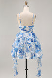 White and Blue Floral Ruffled Ruched Short Homecoming Dress with Pearls