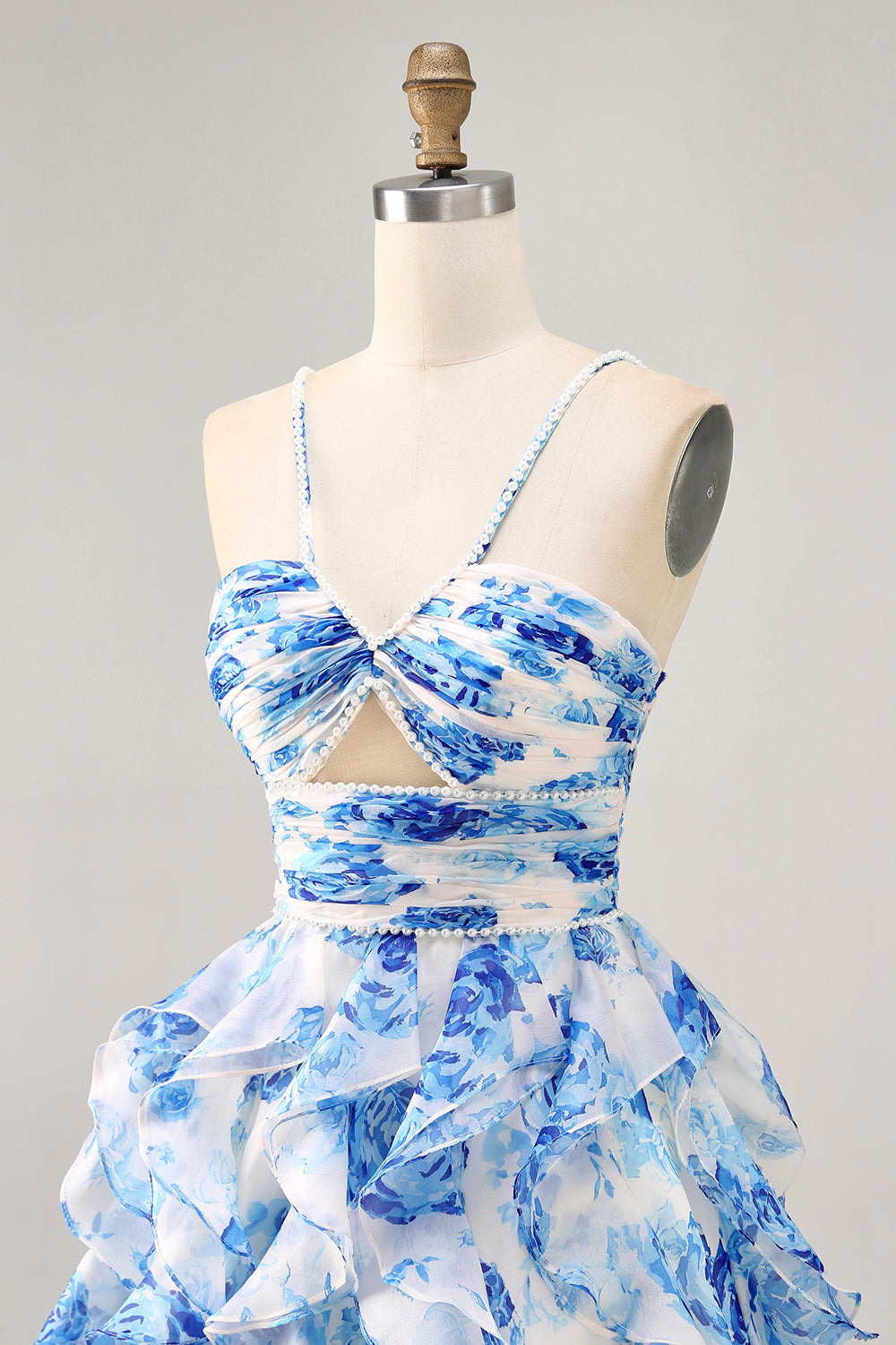 White and Blue Floral Ruffled Ruched Short Homecoming Dress with Pearls