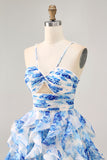 White and Blue Floral Ruffled Ruched Short Homecoming Dress with Pearls