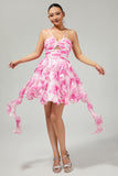 White and Blue Floral Ruffled Ruched Short Homecoming Dress with Pearls