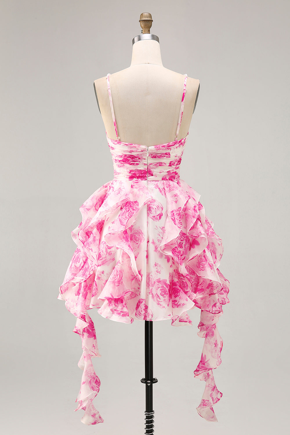 White and Blue Floral Ruffled Ruched Short Homecoming Dress with Pearls