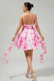 White and Blue Floral Ruffled Ruched Short Homecoming Dress with Pearls