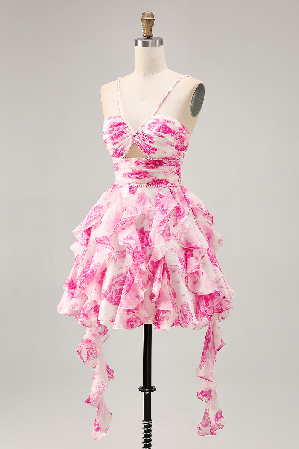 White and Blue Floral Ruffled Ruched Short Homecoming Dress with Pearls