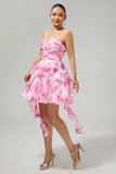 White and Blue Floral Ruffled Ruched Short Homecoming Dress with Pearls