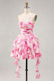 White and Blue Floral Ruffled Ruched Short Homecoming Dress with Pearls