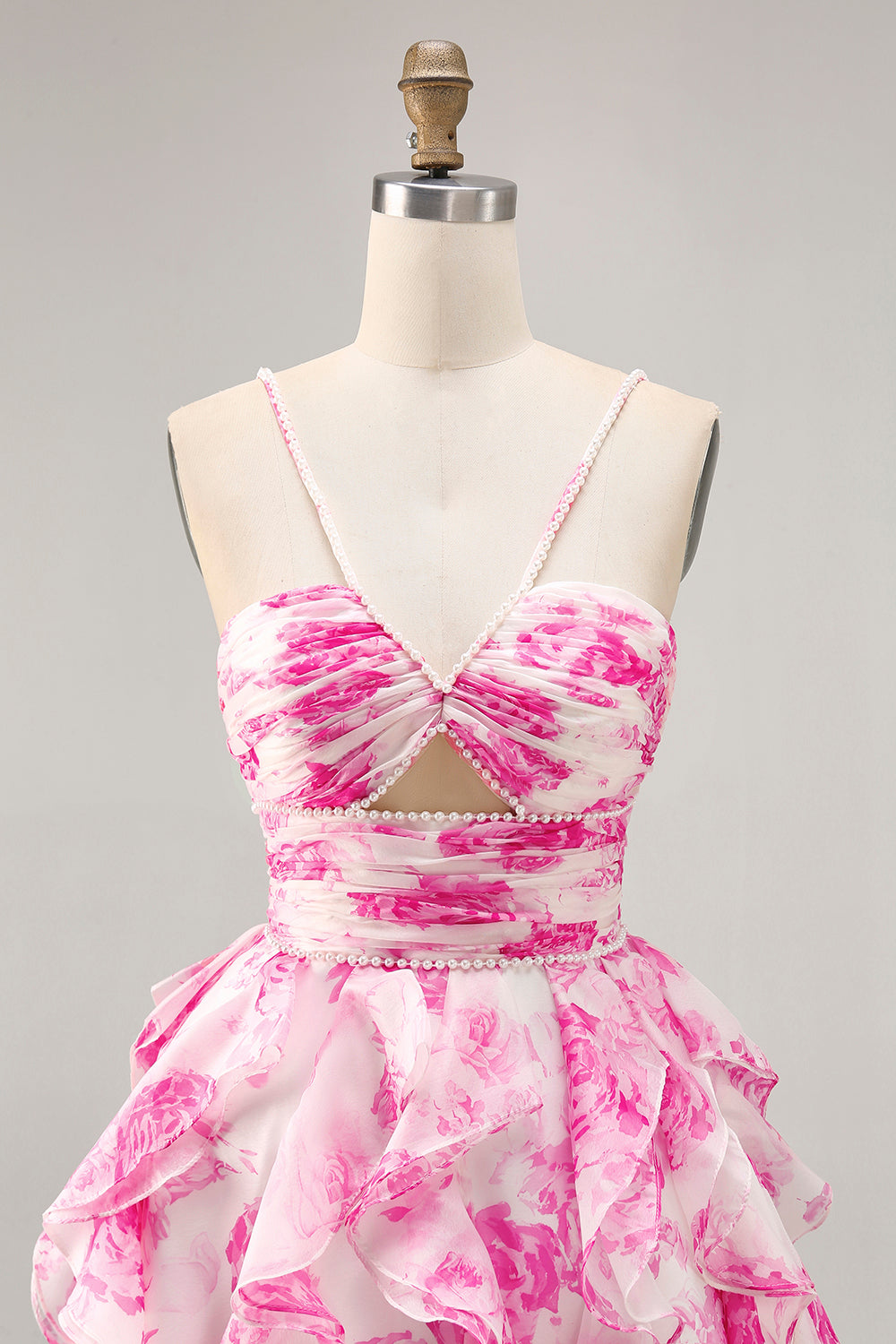 White and Blue Floral Ruffled Ruched Short Homecoming Dress with Pearls