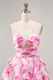 White and Blue Floral Ruffled Ruched Short Homecoming Dress with Pearls