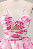 White and Blue Floral Ruffled Ruched Short Homecoming Dress with Pearls