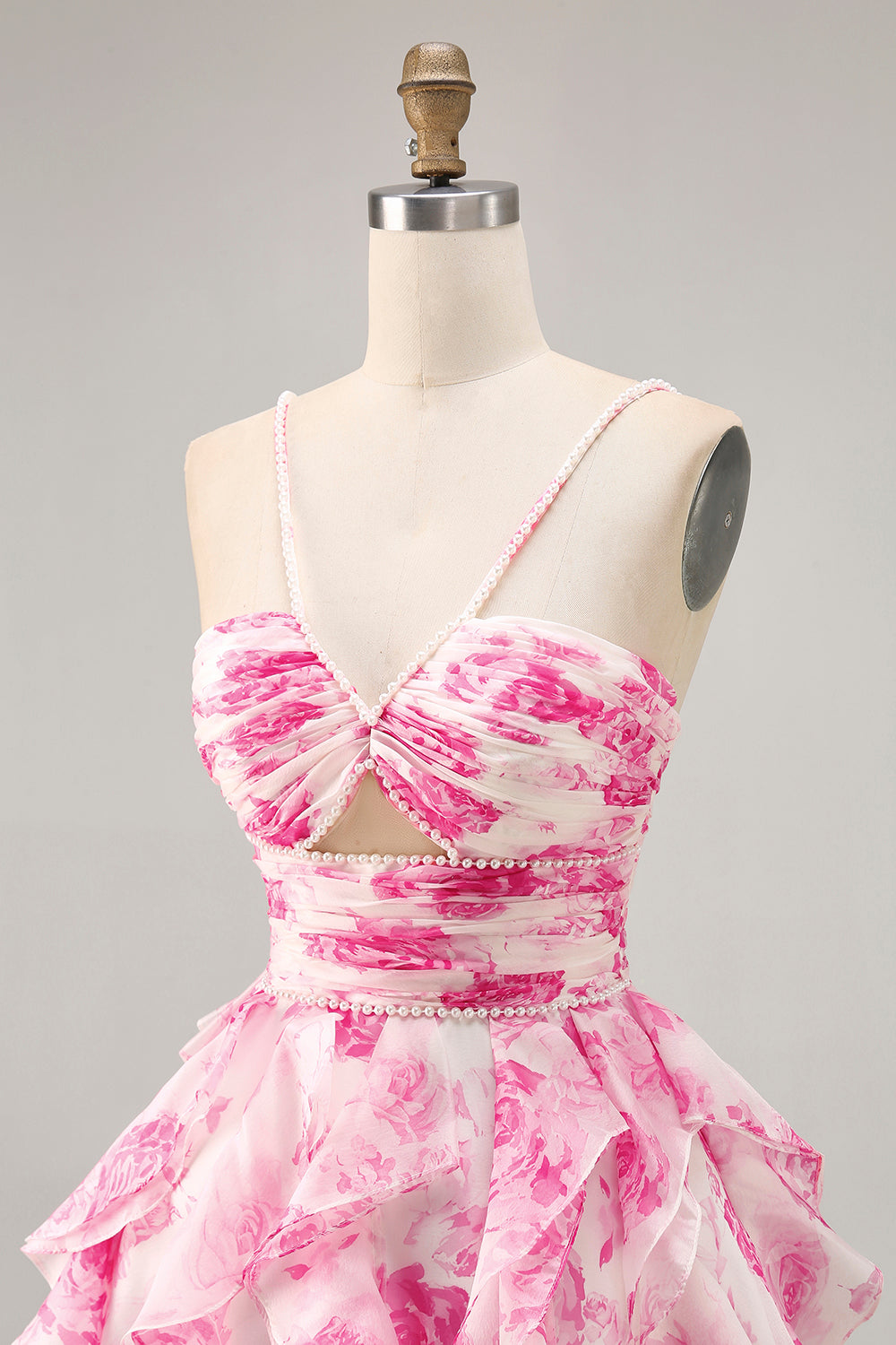 White and Blue Floral Ruffled Ruched Short Homecoming Dress with Pearls