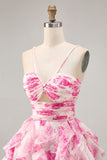 White and Blue Floral Ruffled Ruched Short Homecoming Dress with Pearls