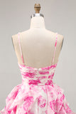 White and Blue Floral Ruffled Ruched Short Homecoming Dress with Pearls