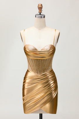 Zapakasa Women Sparkly Golden Corset Ruched Short Homecoming Dress with Beading Metallic Tight Spaghetti Straps Lace Up Back Cocktail Dress