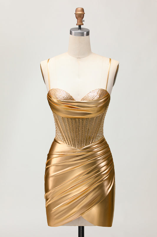 Zapakasa Women Sparkly Golden Corset Ruched Short Homecoming Dress with Beading Metallic Tight Spaghetti Straps Lace Up Back Cocktail Dress