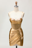 Zapakasa Women Sparkly Golden Corset Ruched Short Homecoming Dress with Beading Metallic Tight Spaghetti Straps Lace Up Back Cocktail Dress