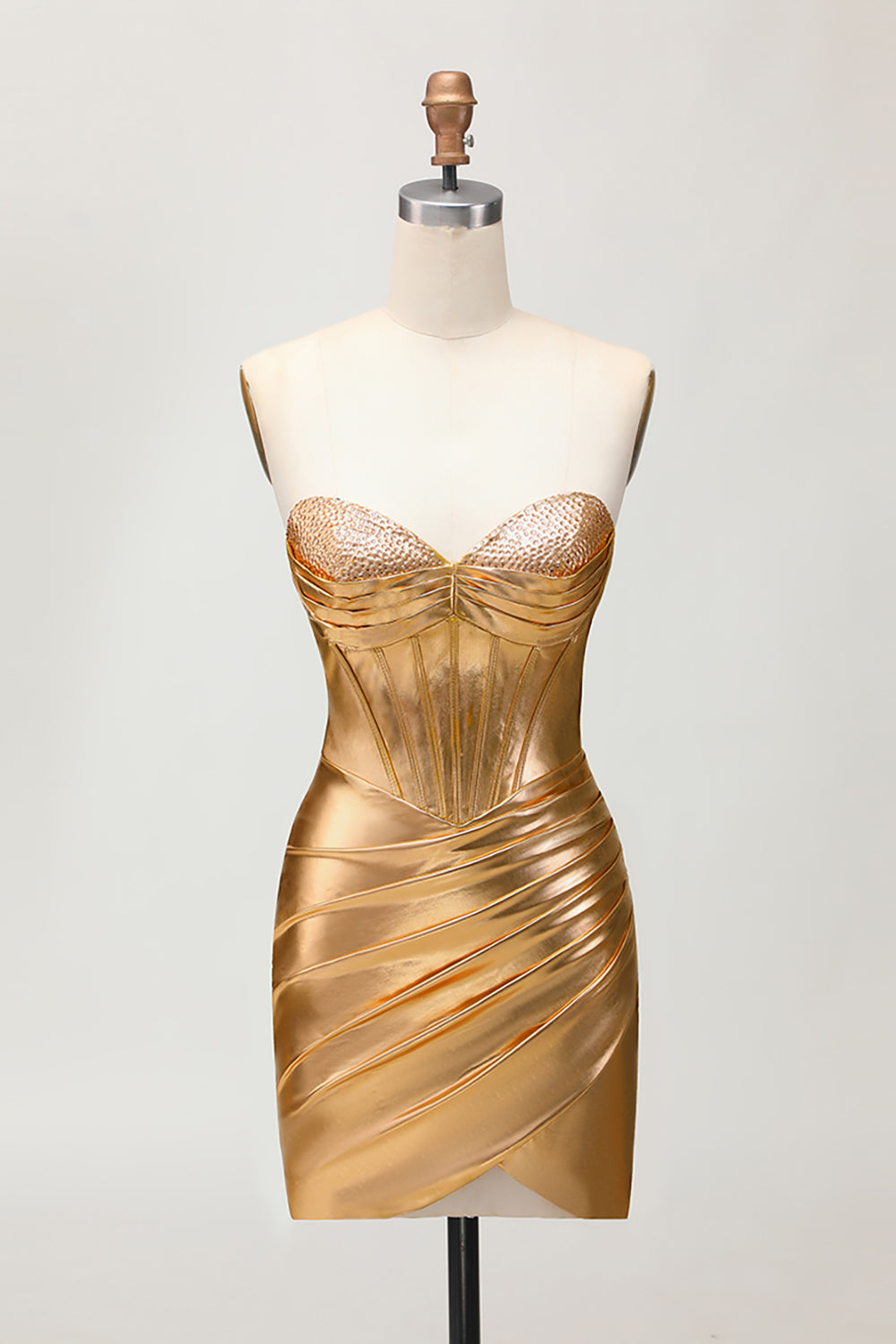 Zapakasa Women Sparkly Golden Metallic Tight Short Corset Homecoming Dress Sweetheart Ruched Cocktail Dress with Beading Zapakasa Women Sparkly Golden Metallic Tight Short Corset Homecoming Dress Sweetheart Ruched Cocktail Dress with Beading