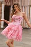 Pink Floral Sweetheart Corset Tiered Short Homecoming Dress with Ruffles
