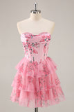 White and Blue Floral Sweetheart Corset Short Homecoming Dress with Ruffles