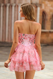 Pink Floral Sweetheart Corset Tiered Short Homecoming Dress with Ruffles