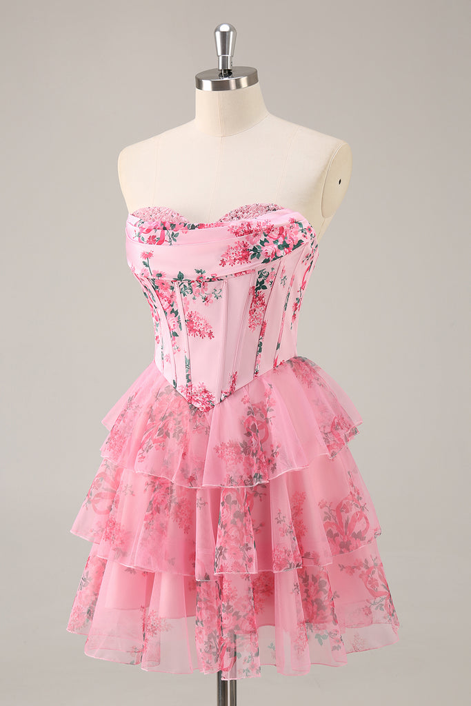 Blue and white floral one-shoulder waist fresh A-line short skirt homecoming dress R3999 main image 0