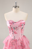 White and Blue Floral Sweetheart Corset Short Homecoming Dress with Ruffles