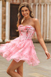 Pink Corset Floral Tiered Sweetheart Short Homecoming Dress with Ruffles