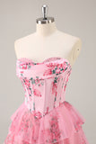 White and Blue Floral Sweetheart Corset Short Homecoming Dress with Ruffles