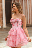 Pink Corset Floral Tiered Sweetheart Short Homecoming Dress with Ruffles