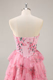 White and Blue Floral Sweetheart Corset Short Homecoming Dress with Ruffles