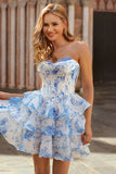 White Blue Corset Short Floral Homecoming Dress with Ruffles Sweetheart A Line Tiered Cocktail Dress