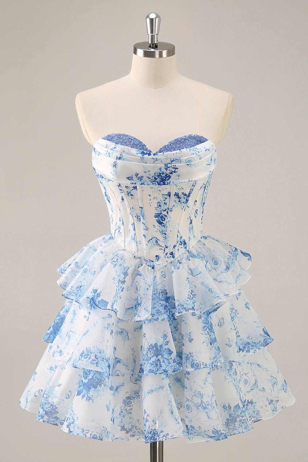 White and Blue Floral Sweetheart Corset Short Homecoming Dress with Ruffles