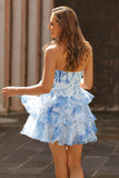 White Blue Corset Tiered A Line Short Floral Homecoming Dress with Ruffles