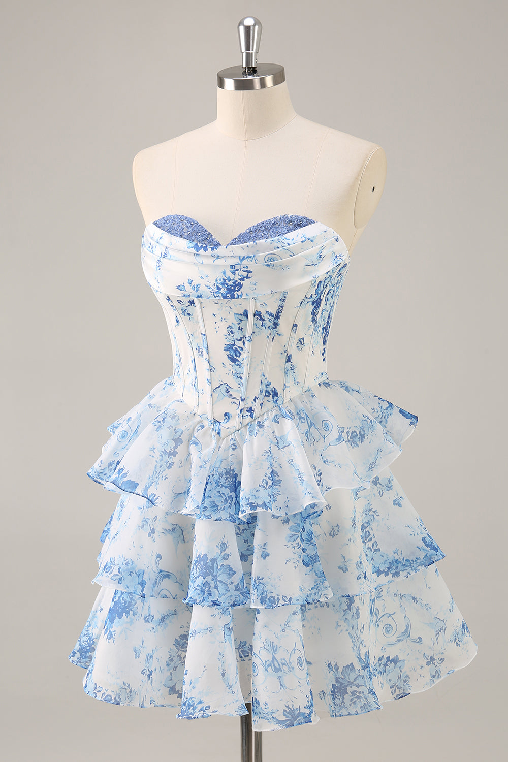 White and Blue Floral Sweetheart Corset Short Homecoming Dress with Ruffles