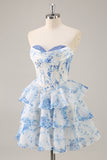 White and Blue Floral Sweetheart Corset Short Homecoming Dress with Ruffles