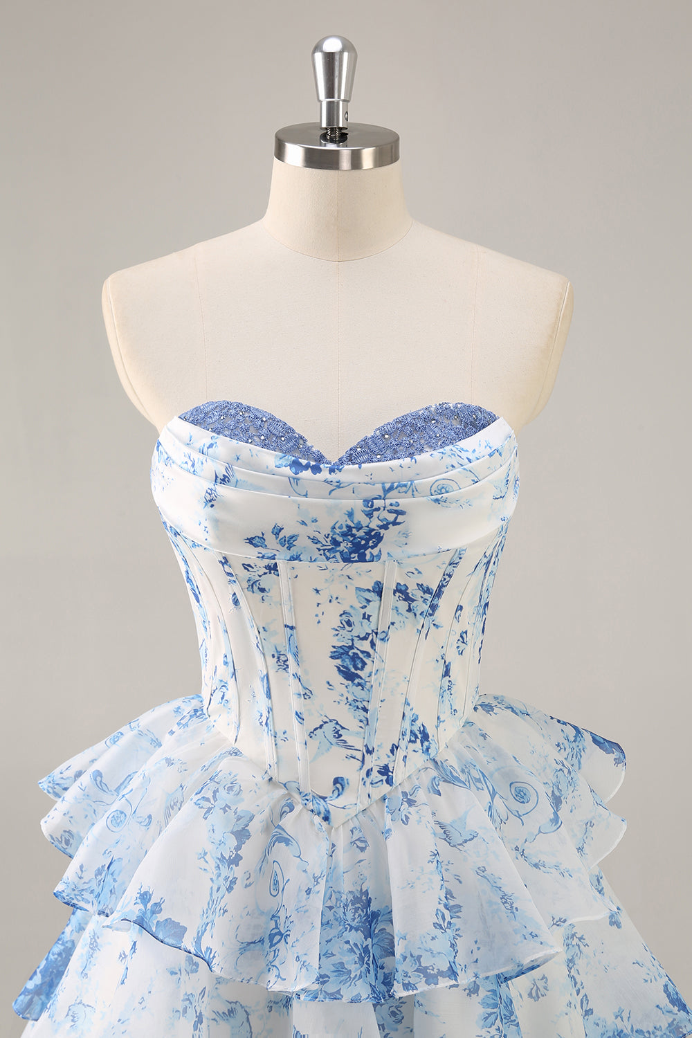 White and Blue Floral Sweetheart Corset Short Homecoming Dress with Ruffles