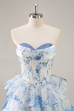 White and Blue Floral Sweetheart Corset Short Homecoming Dress with Ruffles