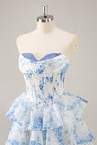 White and Blue Floral Sweetheart Corset Short Homecoming Dress with Ruffles
