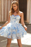 White Blue Corset Tiered A Line Short Floral Homecoming Dress with Ruffles