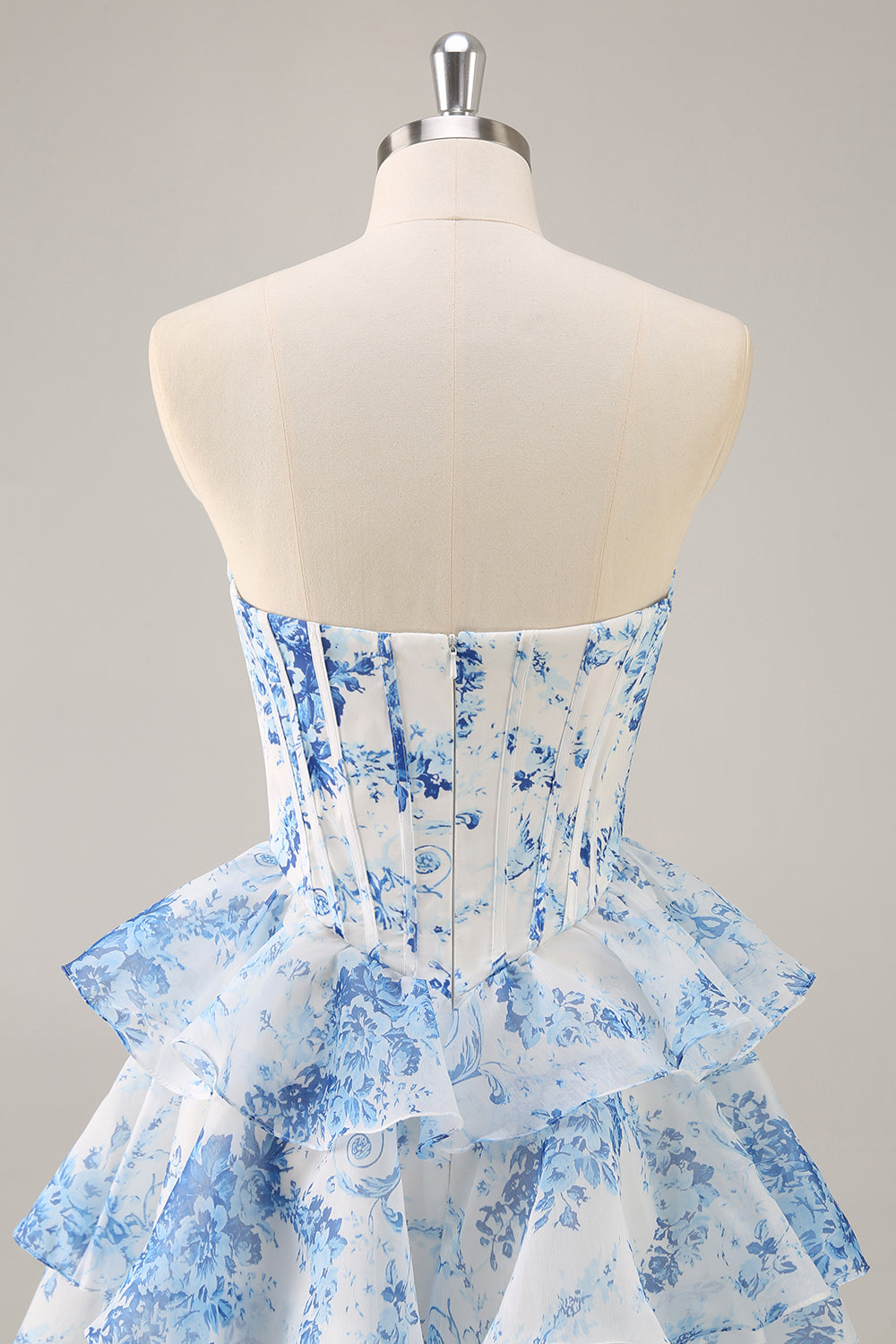 White and Blue Floral Sweetheart Corset Short Homecoming Dress with Ruffles