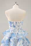 White and Blue Floral Sweetheart Corset Short Homecoming Dress with Ruffles
