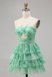Green A Line Spaghetti Straps Short Tiered Homecoming Dress with Ruffles