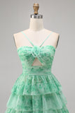 Green A Line Spaghetti Straps Short Tiered Homecoming Dress with Ruffles