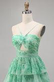 Green A Line Spaghetti Straps Short Tiered Homecoming Dress with Ruffles