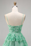 Green A Line Spaghetti Straps Short Tiered Homecoming Dress with Ruffles