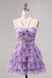 Green A Line Spaghetti Straps Short Tiered Homecoming Dress with Ruffles