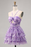 Green A Line Spaghetti Straps Short Tiered Homecoming Dress with Ruffles
