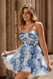 White Blue Flower Tiered A Line Short Homecoming Dress with Ruffles