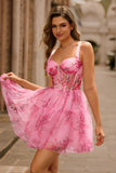 Pink Floral Corset A Line Short Homecoming Dress with Ruffles
